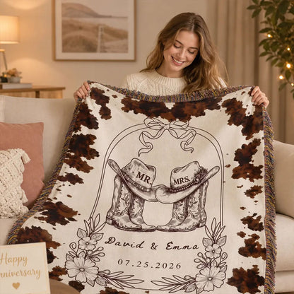 Personalized Wedding Gift Blanket - Rustic Western Mr and Mrs Blanket with Cow Boots Design - Custom Date Anniversary Present for Couples
