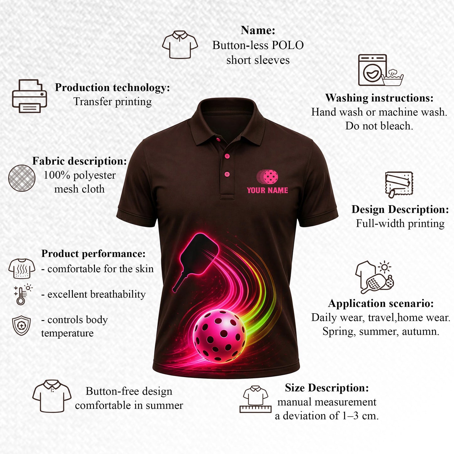 Neon Glow Pickleball Paddle Ball Mens Polo Brown Pink