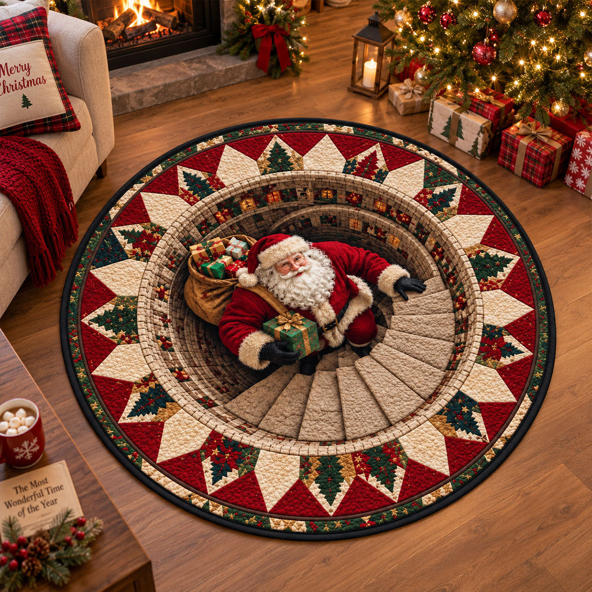 3D Santa Claus Vortex Christmas Rug, Round Optical Illusion Area Rug, Santa Floor Mat, Holiday Living Room Decor, Christmas Gifts