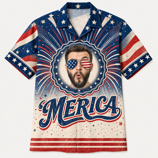 ’Merica Face Photo Hawaiian Shirt - Hero