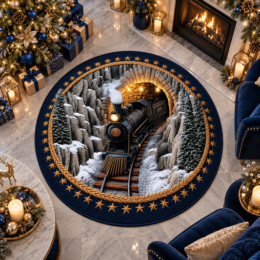 Christmas Train Round Area Rug, Vintage Steam Locomotive Winter Rug, Snowy Mountain Tunnel Floor Carpet, Blue Gold Christmas Home Decor, Holiday Living Room Rug 4b073c5e-43fa-443d-a3be-c7a108039513-mn5.png