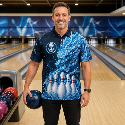 Personalized Ice Dragon Bowling Polo Shirt – Custom Name, All-Over Print