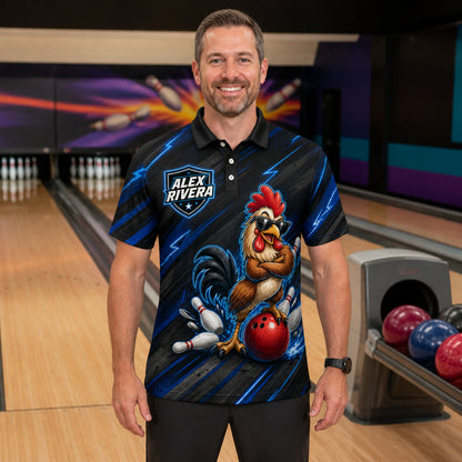 Personalized Striking Rooster Bowling Polo Shirt – Custom Name, All-Over Print