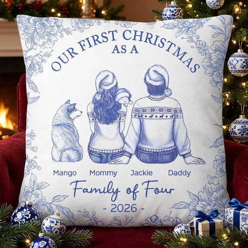 First Christmas As A Family Of Four New Parents Toile - Personalized Pillow