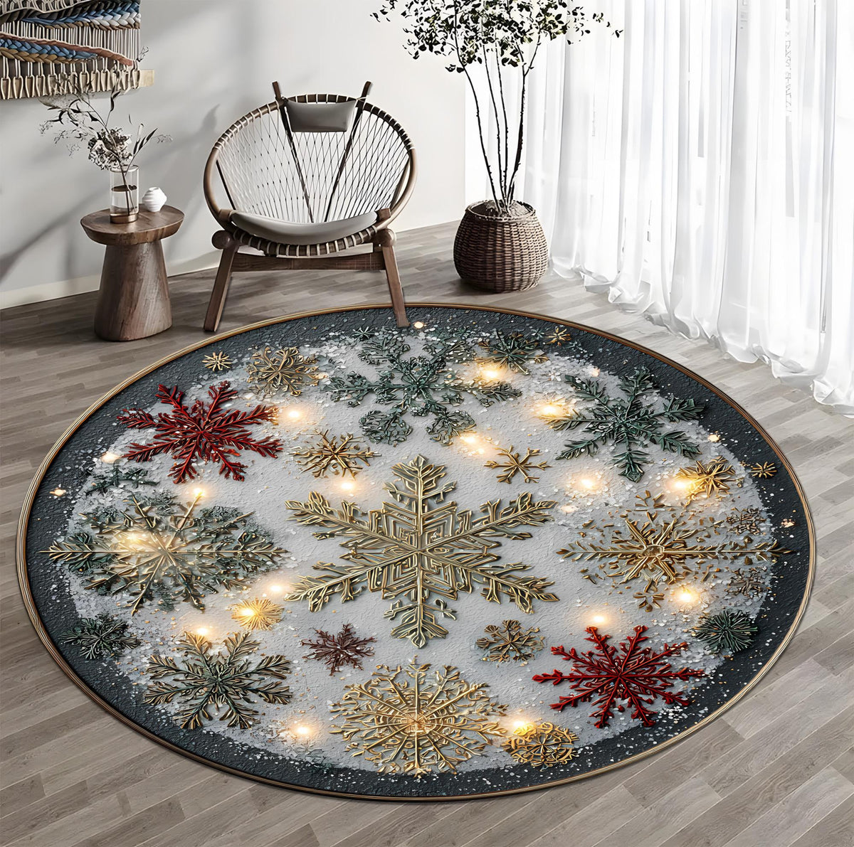 Round Christmas Snowflake Rug, Winter Holiday Carpet, Festive Living Room Decor, Cozy Xmas Floor Mat with Gold and Red Design 4f673fb5-a79a-423a-b99b-90350ef30730-2.jpg