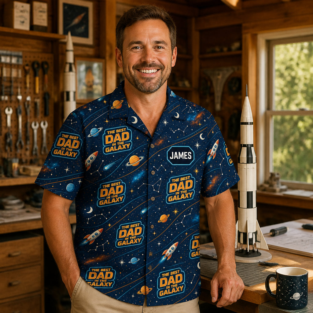 Best Dad in the Galaxy – Retro Space AOP Hawaiian Shirt (Personalized Name) - Lifestyle 1