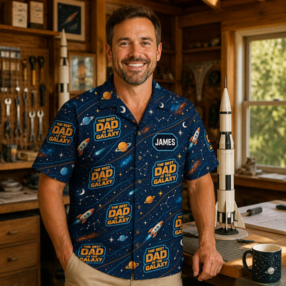 Best Dad in the Galaxy – Retro Space AOP Hawaiian Shirt (Personalized Name) - Lifestyle 1