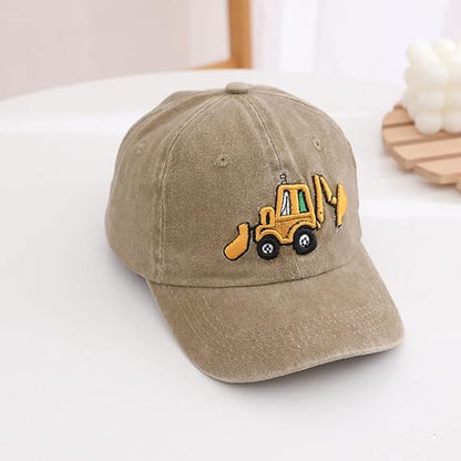 Cute Embroidery Excavator Kids Baseball Cap Adjustable Cotton Washed Vintage Cowboy Hat for Boys Girls