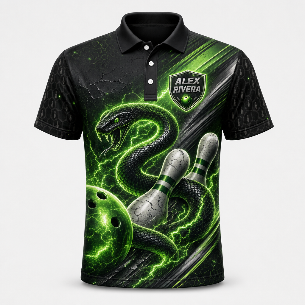 Personalized Electric Snake Bowling Polo Shirt – Custom Name, All-Over Print