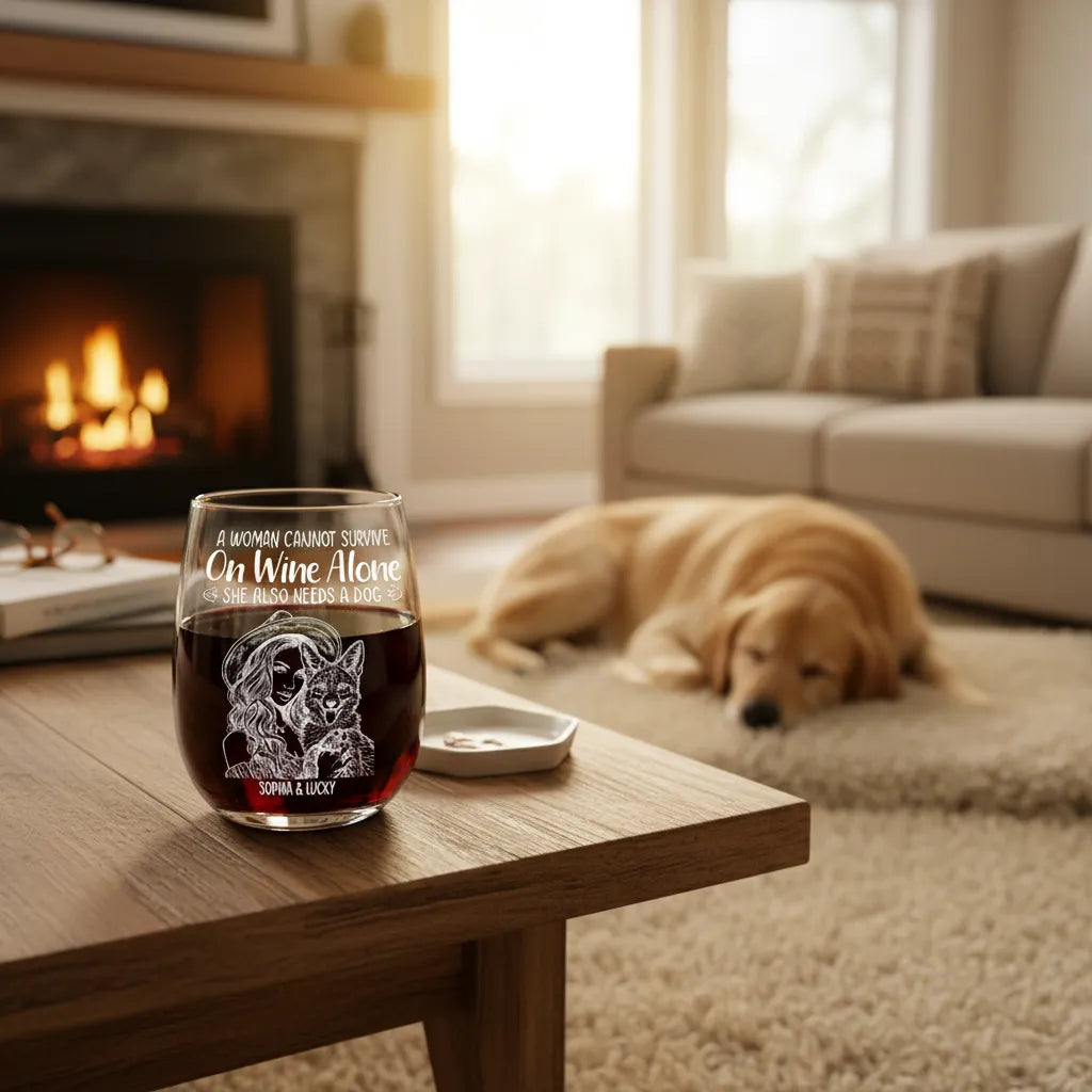 Custom Photo Pencil Sketch Pet Portrait A Woman & Her Dog - Personalized Stemless Wine Glass