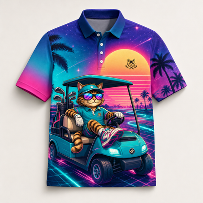 Neon Cat Golfer AOP Polo — Custom Name Sleeve - Personalized Polo shirt - All over printed 53e2339b-3631-4747-9450-20d310b32b58.png