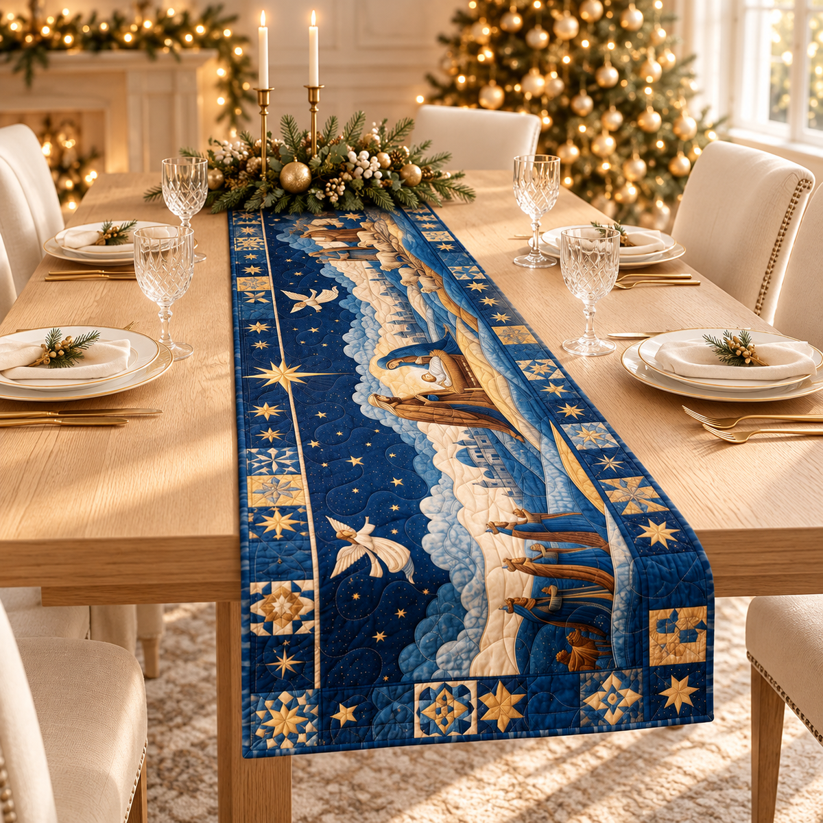 Holy City Quilted Table Runner, Jerusalem Biblical Night Scene, Christian Holiday Table Decor, Religious Home Gift 54384f0b-b760-43f9-861b-16623c334a7e-Luxury-navy-and-gold-nativity-runner.png