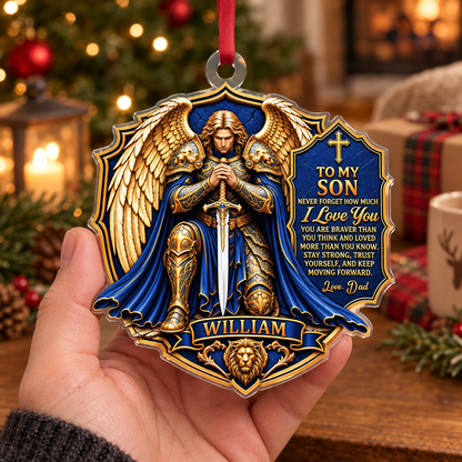 To My Son Never Forget How Much I Love You | Personalized Acrylic Ornament 54d15c3d-0ee0-4519-8c5b-304a9281b87d-Huy-ch-ng-thi-n-th-n-xanh-v-ng-Gi-ng-sinh.png
