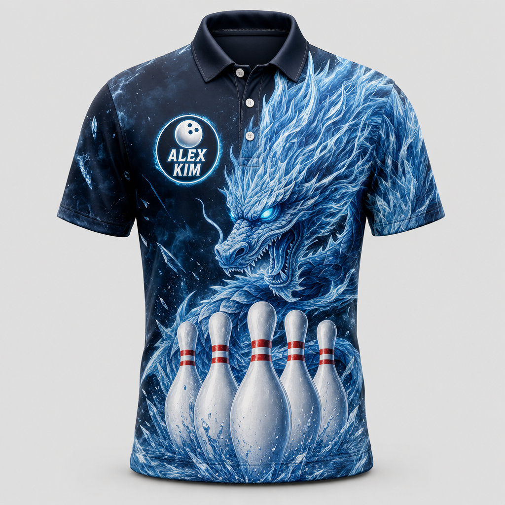 Personalized Ice Dragon Bowling Polo Shirt – Custom Name, All-Over Print