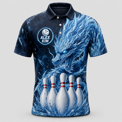 Personalized Ice Dragon Bowling Polo Shirt – Custom Name, All-Over Print