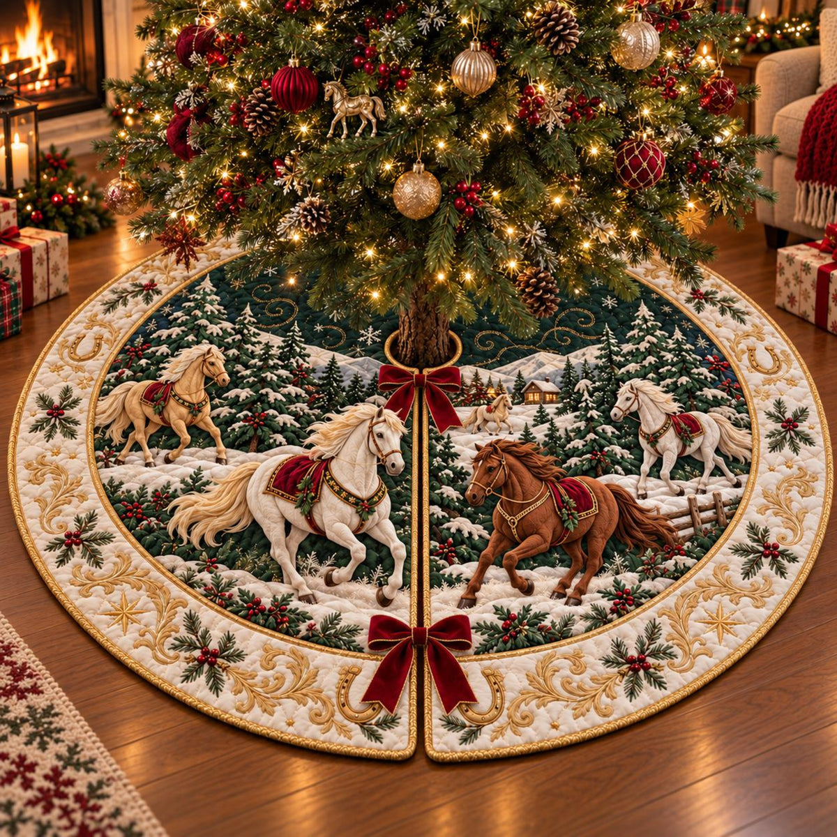Quilted Horse Christmas Tree Skirt – Elegant Winter Woodland Design with Gold Trim, Festive Holiday Decor for Horse Lovers 555b6d1e-8f17-476a-8da6-e637f88557f6-1.jpg