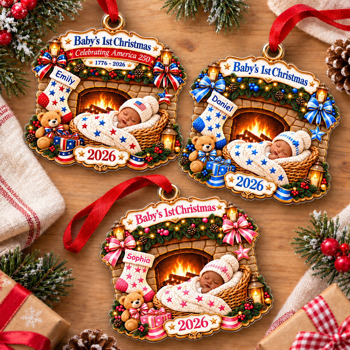 Baby By Fireplace Baby's First Christmas 2D Flat - Personalized Acrylic Ornament - 250th America 1776 - 2026 Anniversary, Patriotic Christmas Decor, Gifts for New Parents 57a4c95f-b49b-4024-8dbd-26a8d3a65a48-1.jpg
