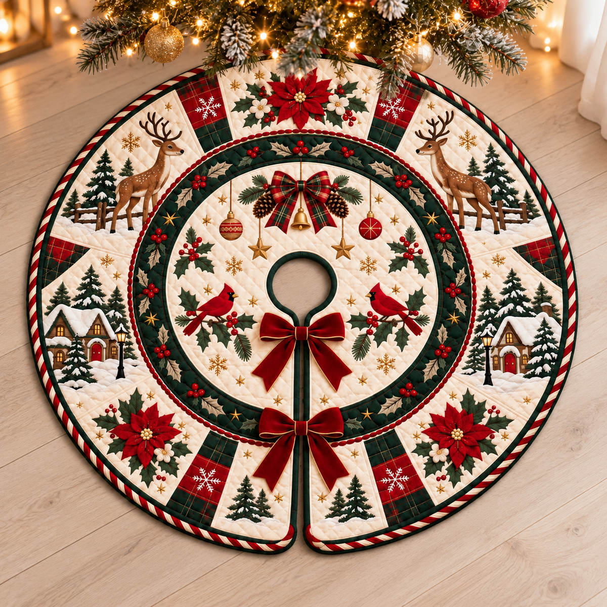 Quilted Christmas Tree Skirt, Reindeer Cardinal Tree Skirt, Poinsettia Winter Decor, Red Green Plaid Rustic Holiday Tree Mat 58373874-f321-4a8f-a2e0-b8f439c7f0fb-Quilted-Christmas-Tree-Skirt-Under-Warm-Lights.png