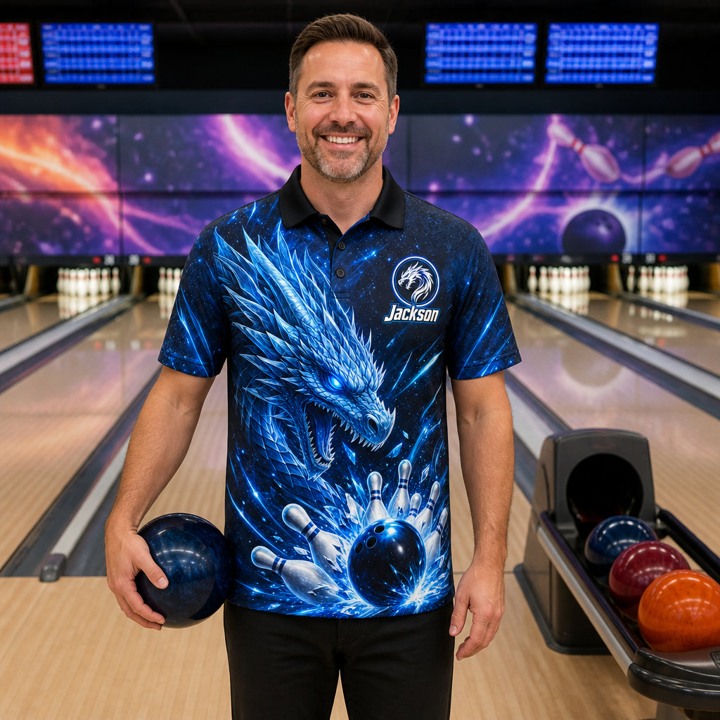 Personalized Electric Dragon Bowling Polo Shirt – Custom Name, All-Over Print