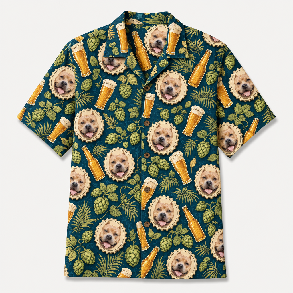 Custom Pet Face x Beer Pattern Hawaiian Shirt - Hero
