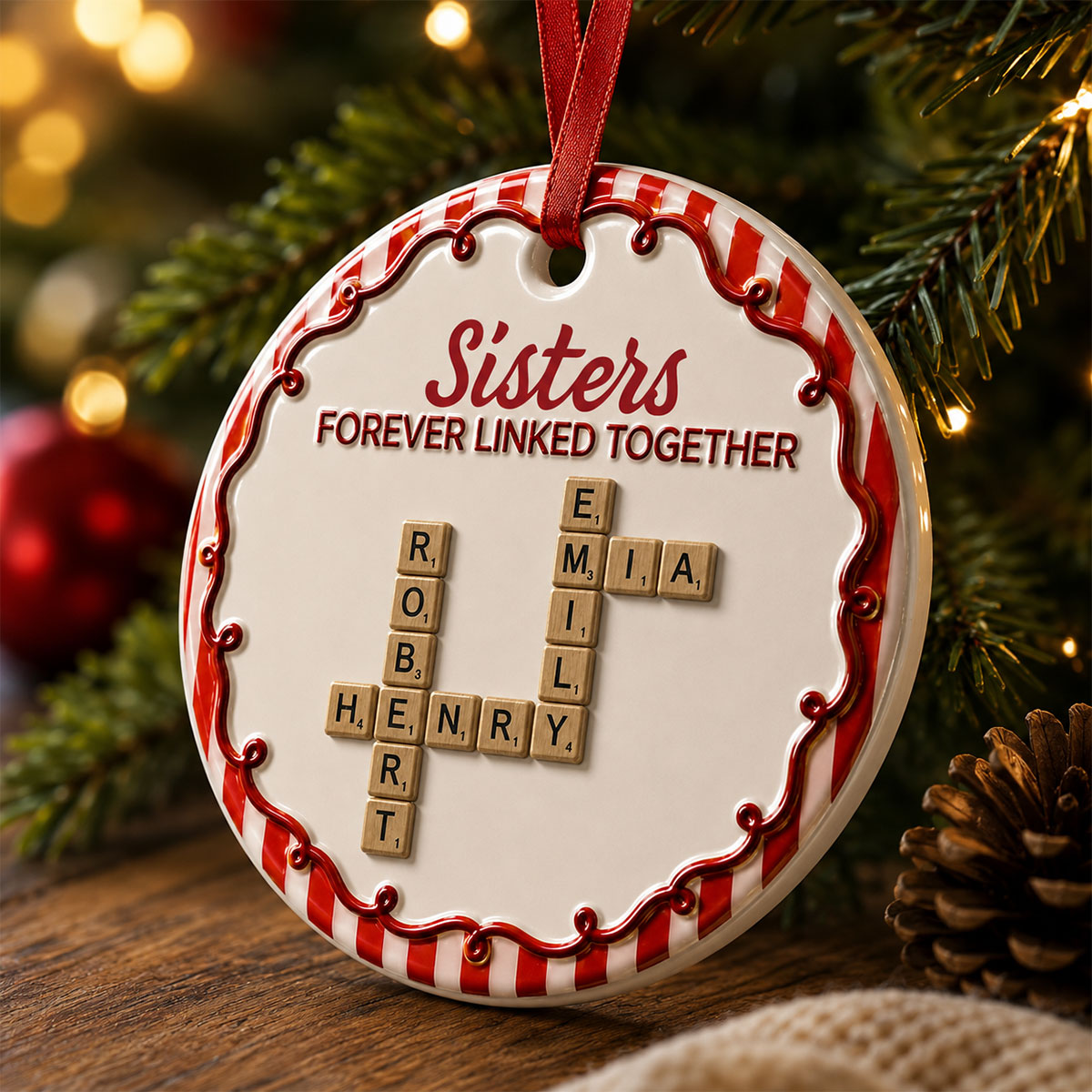 Brothers & Sisters Forever Linked Together Crossword Striped Christmas  - Real 3D Raised Ornament