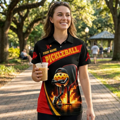 Custom Pickleball Polo Shirt Funny Fire Ball Player Graphic Personalized Name Performance Shirt