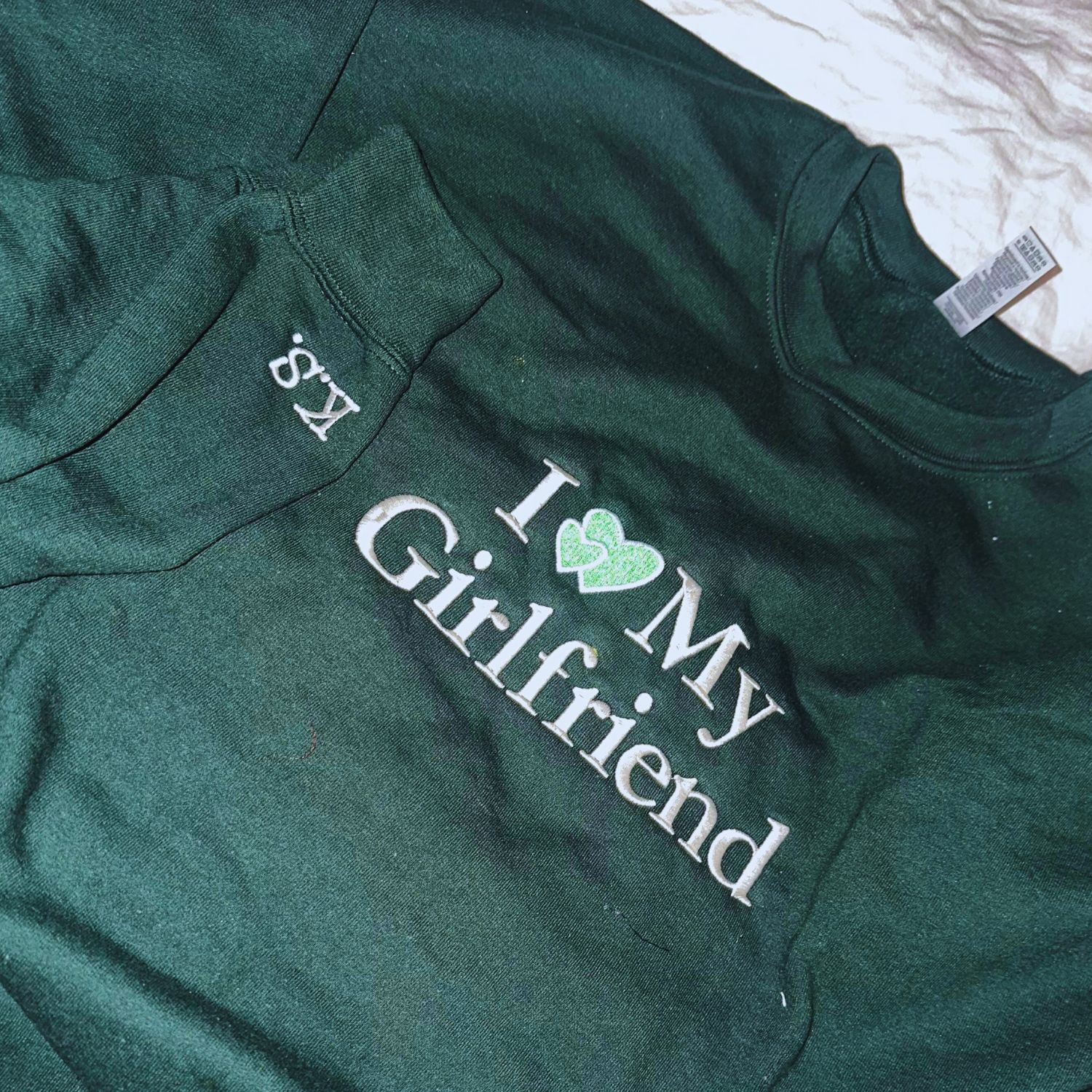 I Love My Girlfriend Embroidered Sweatshirt Hoodie, Embroidered Initials On Sleeve, Gift For Couple