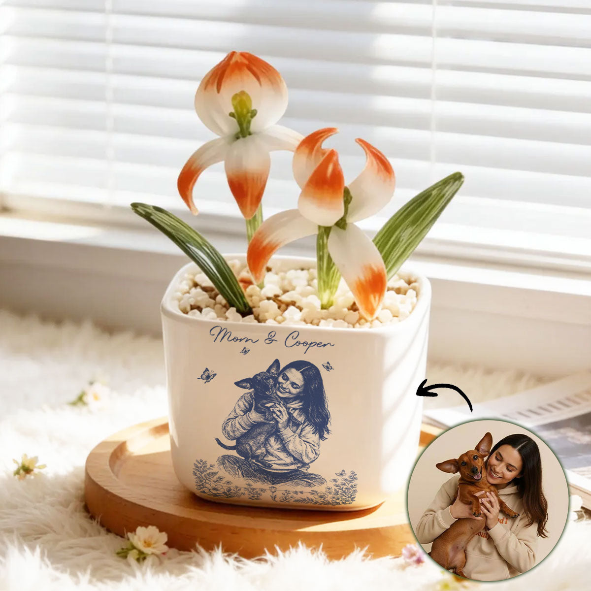 Pencil Sketch Photo - Birth Flower Glass Pot Gift