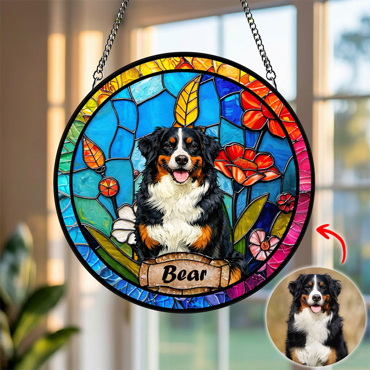 Stained Glass Style Pet Portrait - Personalized Stained Window Hanging Suncatcher
