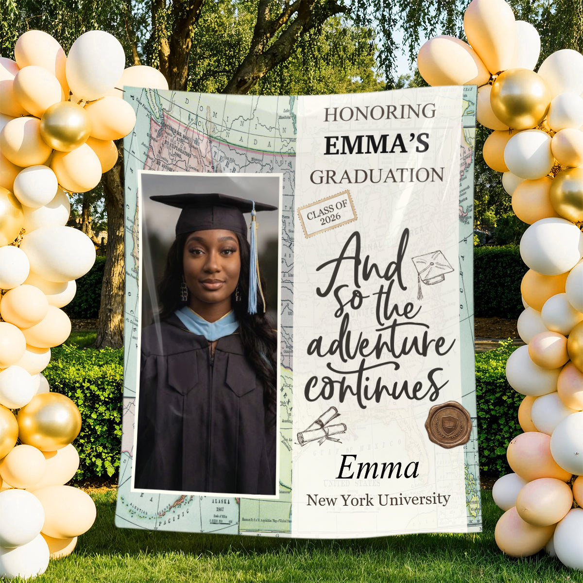 Adventure Continues - Personalized Graduation Backdrop