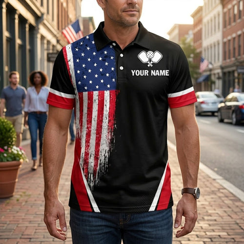 Custom Pickleball Polo Shirt USA Flag Personalized Name