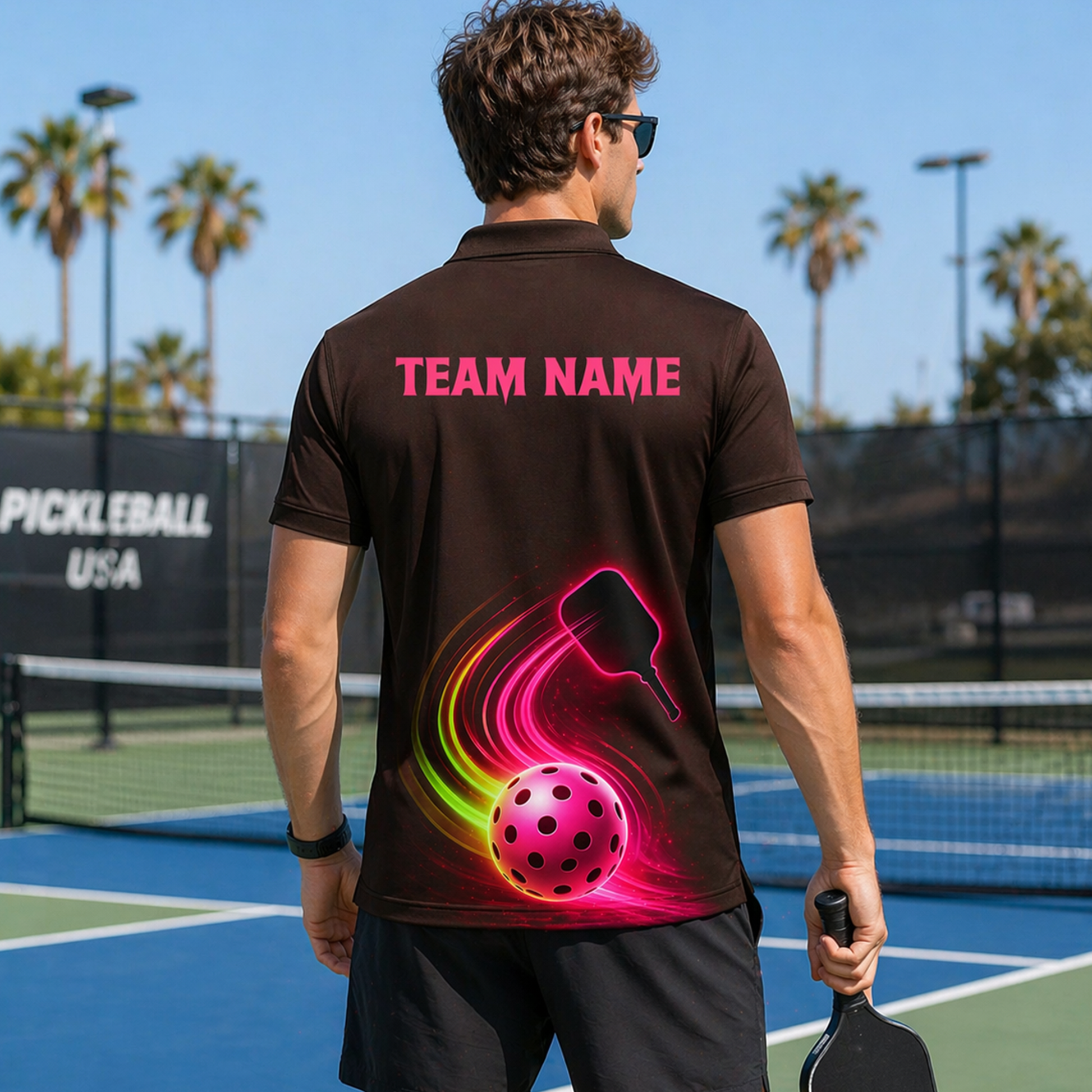 Neon Glow Pickleball Paddle Ball Mens Polo Brown Pink
