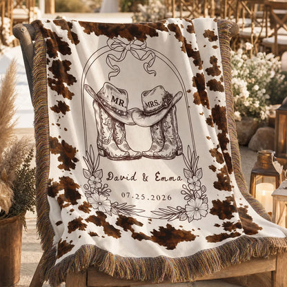 Personalized Wedding Gift Blanket - Rustic Western Mr and Mrs Blanket with Cow Boots Design - Custom Date Anniversary Present for Couples