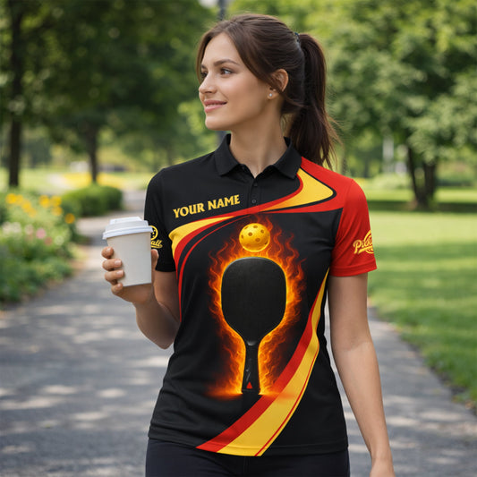 Personalized Pickleball Polo Shirt Flame Paddle Graphic Custom Name Breathable Sport Performance Tee
