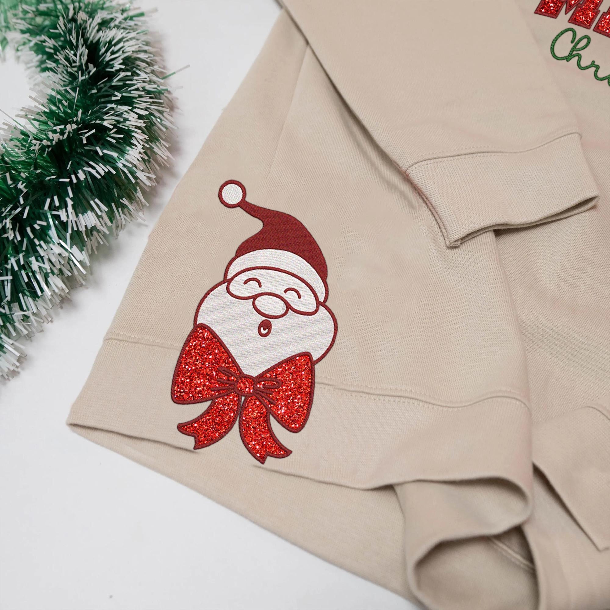 Merry Christmas Embroidered Side Bow Glitter Sweatshirt, Santa Claus Side Bow Sweatshirt, Side Bow Applique Sweatshirt, Trendy Coquette Bow 5_ffb8cb72-df69-4b4c-8bb6-768b59046bfb.jpg