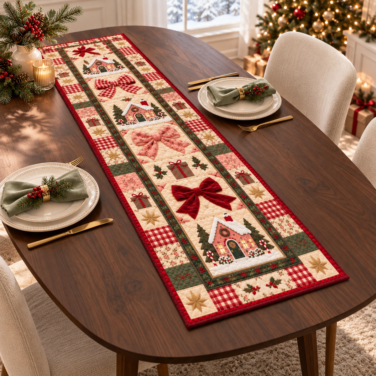 Christmas Quilt-Style Table Runner, Gingerbread House, Red Bow Holiday Decor 5bbe5522-2e60-4430-87d4-3857c83ea44b-banner-1.png