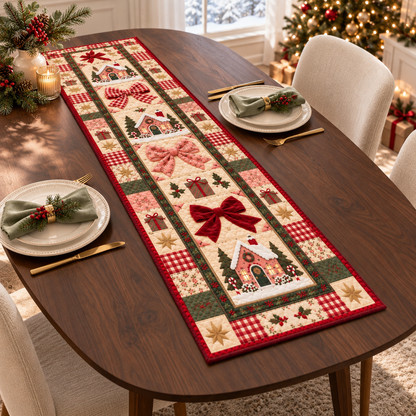 Christmas Quilt-Style Table Runner, Gingerbread House, Red Bow Holiday Decor 5bbe5522-2e60-4430-87d4-3857c83ea44b-banner-1.png