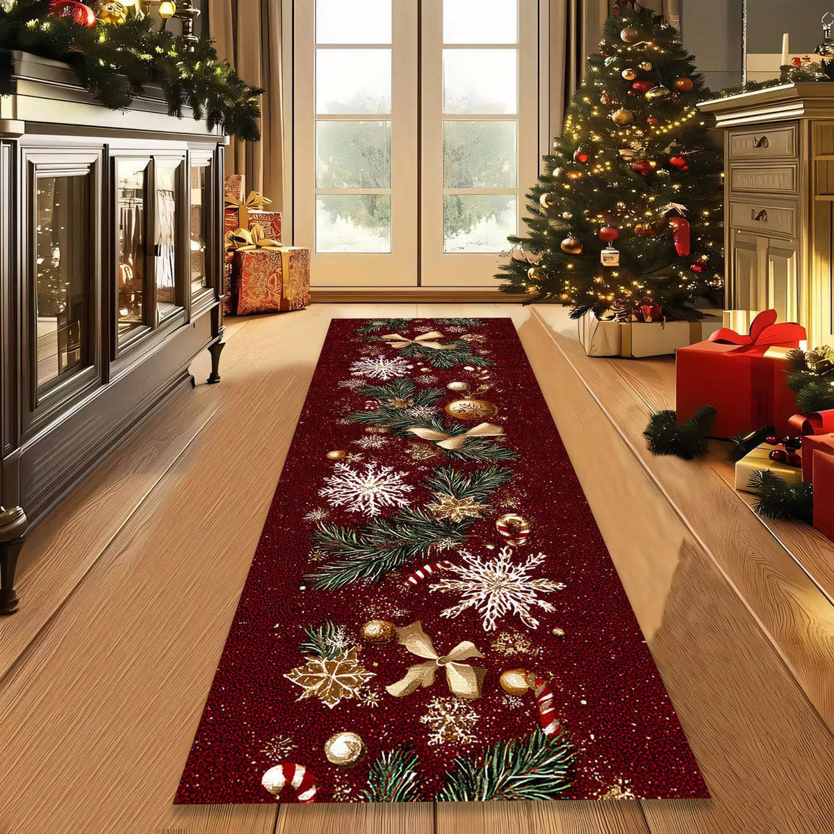 Luxury Red Christmas Runner Rug, Festive Holiday Carpet with Gold Snowflakes, Pine Branches, and Ornaments for Hallway, Entryway Décor 5be729c3-b212-4d7e-914b-6f450c668ef8-3.jpg