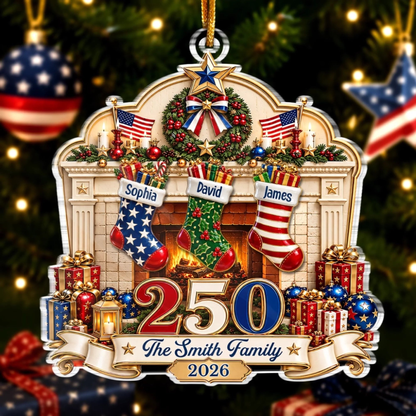 Our Family, Our Tradition America 250th Anniversary Christmas - Personalized Acrylic Ornament - Christmas Gift For Family 5d84f5b9-43ad-408a-881e-3875db1188ed-banner-2_converted.png