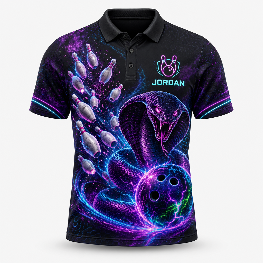 Personalized Strike Like a Cobra Bowling Polo Shirt – Custom Name, All-Over Print