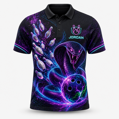 Personalized Strike Like a Cobra Bowling Polo Shirt – Custom Name, All-Over Print