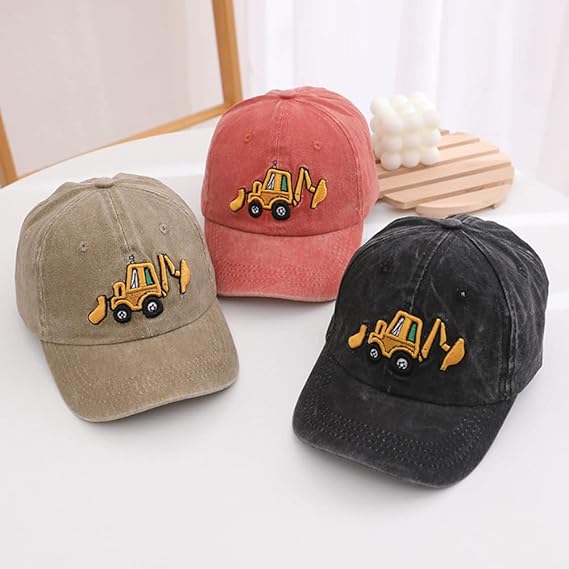 Cute Embroidery Excavator Kids Baseball Cap Adjustable Cotton Washed Vintage Cowboy Hat for Boys Girls