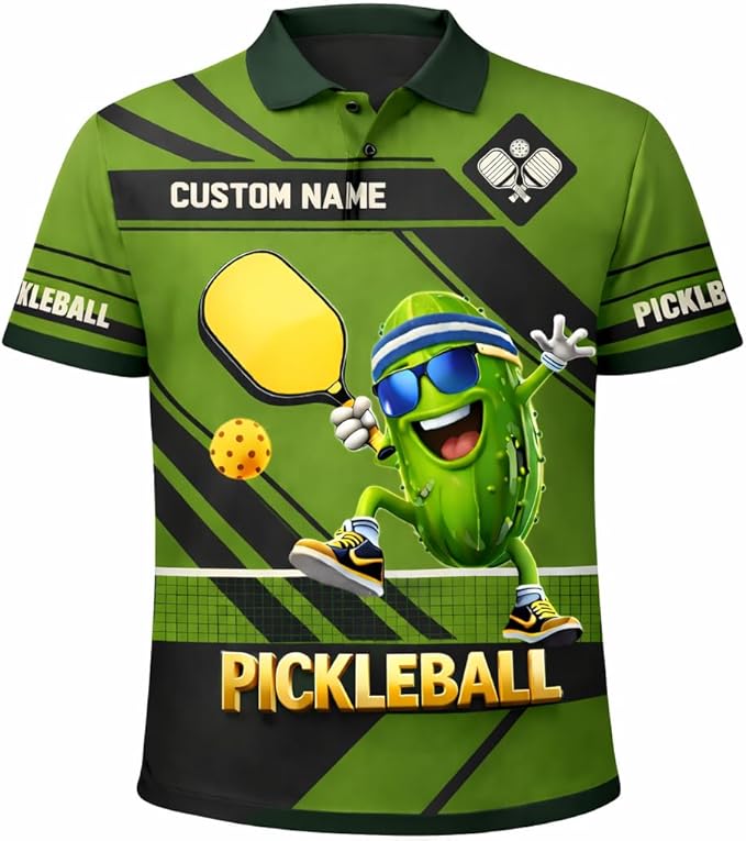 Custom Pickleball Polo Shirt with Personalized Name, Green Short Sleeve Athletic Polo, 100% Polyester Mesh, Full-Width Print Design
