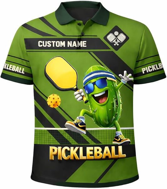 Custom Pickleball Polo Shirt with Personalized Name, Green Short Sleeve Athletic Polo, 100% Polyester Mesh, Full-Width Print Design