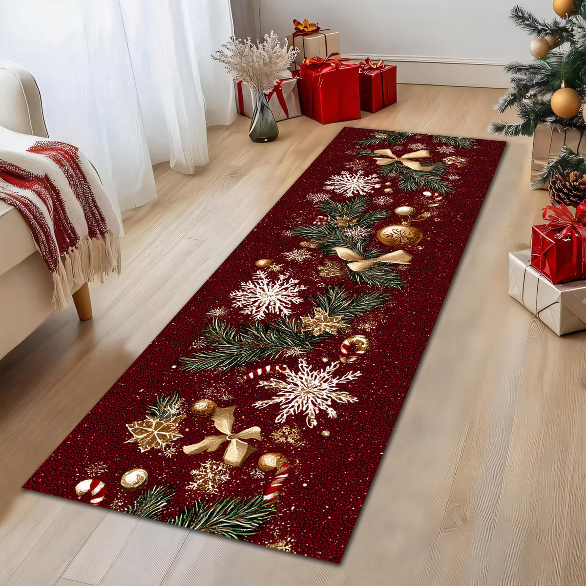 Luxury Red Christmas Runner Rug, Festive Holiday Carpet with Gold Snowflakes, Pine Branches, and Ornaments for Hallway, Entryway Décor 62449778-a6fa-41aa-a063-4b2917f3ca5f-1.jpg