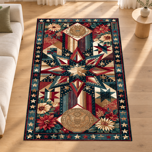Patriotic Quilt Star Area Rug, Americana Patchwork Carpet, USA Heritage Floral Rug, Vintage Independence Day Decor Floor Mat, Anniversary Gift 639ec7c2-bacf-4021-afd4-65b2df3d70c5-Th-m-sao-t-m-c-nh-trong-ph-ng-kh-ch.png