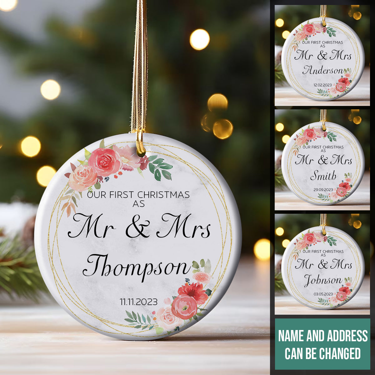 Our 1st Christmas As Mr. & Mrs. Golden Wreath Pink Roses - Personalized Ornament - Christmas Gift 66.2.jpg