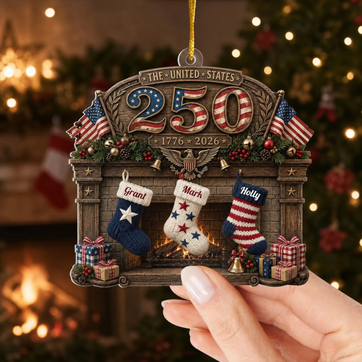 USA 250th Anniversary Fireplace & Stockings - Personalized Acrylic Ornament, Custom Family Names, Patriotic Christmas Keepsake 69624dda-8288-4d40-b948-032ef2009e8a-6a718c7633f08.jfif