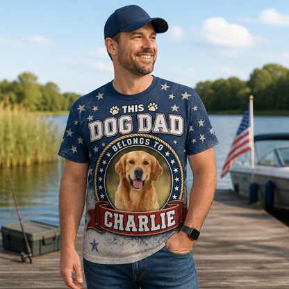 Patriotic Dog Dad Photo Badge AOP Tee - Lifestyle 1