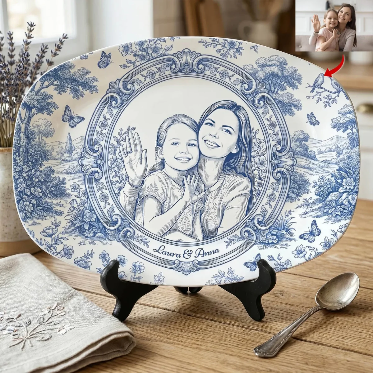 Mom & Kid A Bond That Can t Be Broken - Personalized Platter, Gift For Mom, Grandma, Drawing Portrait